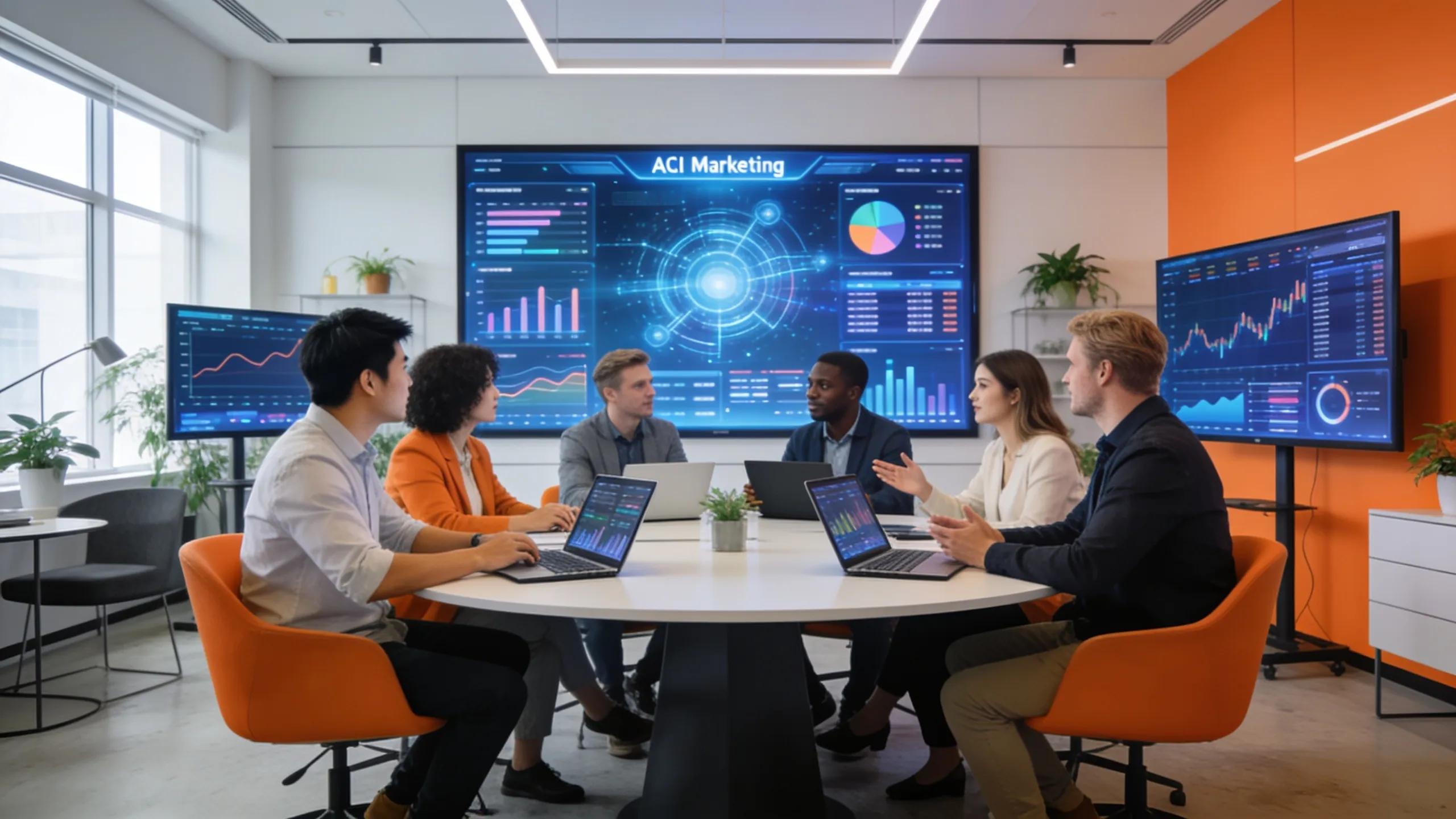 Collaboration among professionals analyzing AI marketing solutions in a modern workspace